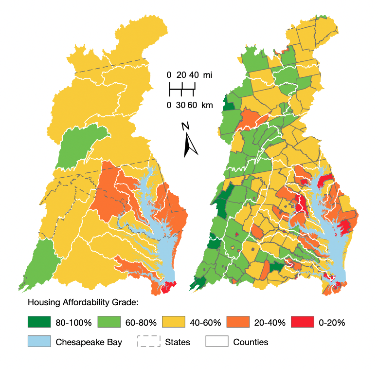 A color-coded map of the Chesapeake Bay and Watershed with aggregated county-level Housing Affordability data and grading (right) and population-weighted reporting regions (left). Image created by Joseph Edgerton.
