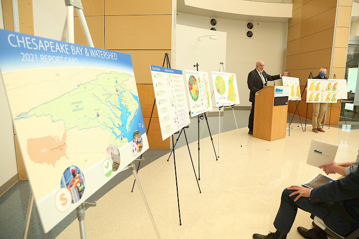 A gallery showcase of the 2021 Chesapeake Bay and Watershed Report Card as Dr. Bill Dennison announces Economic indicator findings.