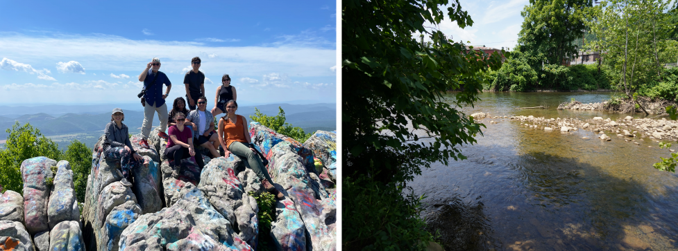 The left image is a group photo of the COAST Card team sitting atop the overlook at Dan’s Rock. The right image is one of the North Branch Potomac River, with part of the George Creek entering the river in Westernport, Maryland.
