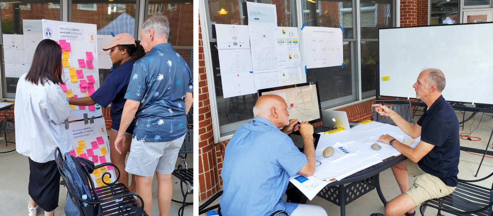 In the left image, Lawren and two participants are adding sticky notes to a poster board. In the right image, Pål is sitting at a table with a participant, engaged in conversation.