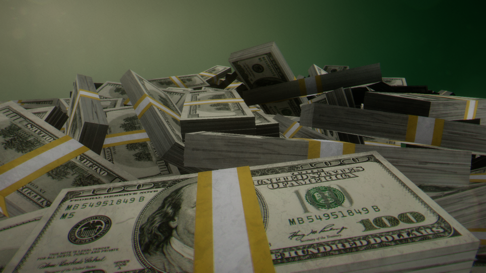 A close-up of a large stack of US $100 dollar bills in wrappings set against a green gradient background.