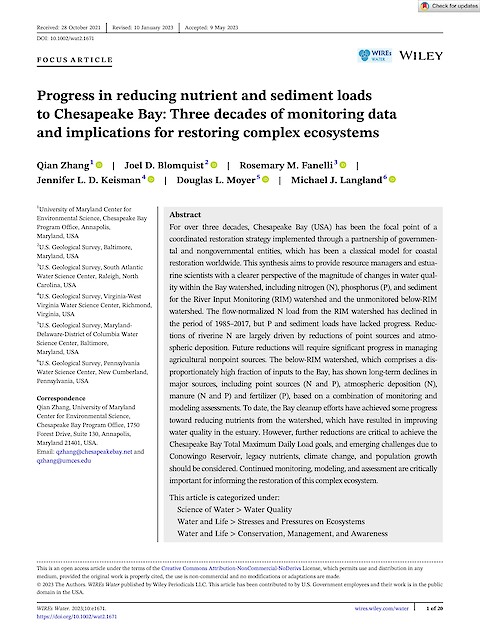 Progress in reducing nutrient and sediment loads to Chesapeake Bay: Three decades of monitoring data and implications for restoring complex ecosystems (Page 1)