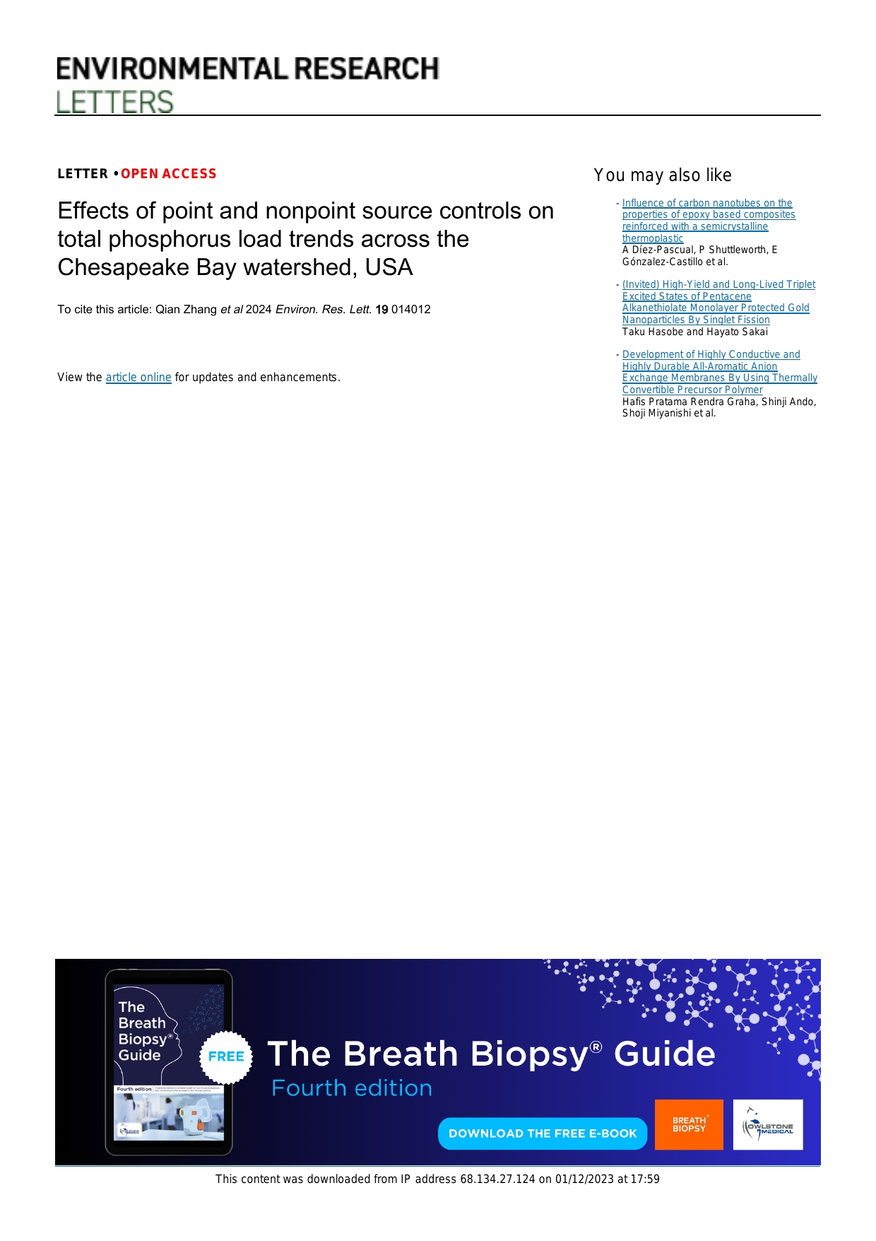 Effects of point and nonpoint source controls on total phosphorus load  trends across the Chesapeake Bay watershed, USA | Publications |  Integration and Application Network