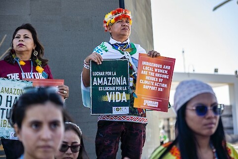 Man wearing an Amazonian headpiece carries a sign in each hand. He is standing on a stage surrounded by other female activists on a sunny day.