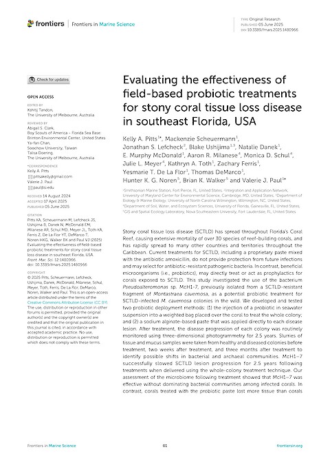 Evaluating the effectiveness of field-based probiotic treatments for stony coral tissue loss disease in southeast Florida, USA (Page 1)