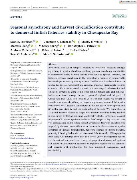 Seasonal asynchrony and harvest diversification contribute to demersal finfish fisheries stability in Chesapeake Bay (Page 1)
