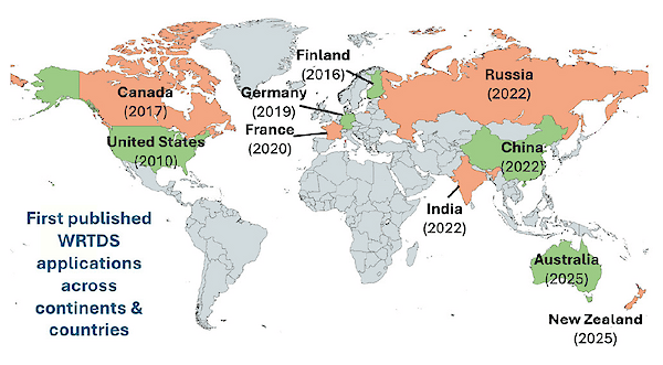 First published WRTDS applications across continents and countries, highlighting its global adoption. Colors are used to clarify the boundaries between neighboring countries. Sources/Usage: Zhang et al. 2026, ES&T, CC-BY 4.0.